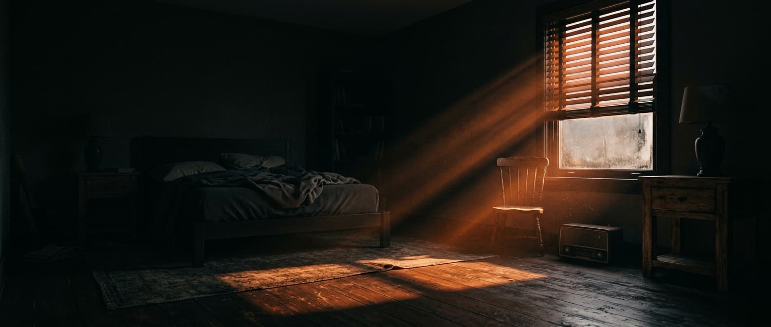 Erstes Morgenlicht bricht in einen dunklen Raum — der Moment, in dem ein System wieder anspringt
